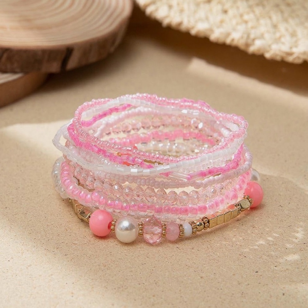 Boho Beaded Multi-Strand Bracelet Stack - Pink & Purple Seed Beads
